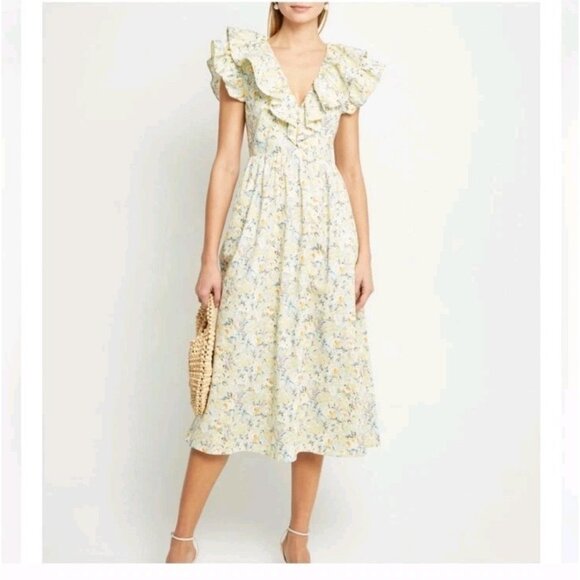O.P.T Anthropologie Kate Yellow Floral Flutter Sleeve Cotton V-Neck Midi Dress M - Picture 1 of 16